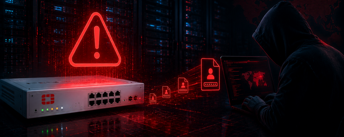 Hooded hacker typing on a laptop beside a server rack with glowing red warning icons and a large red triangle warning sign, depicting a cyberattack scenario.