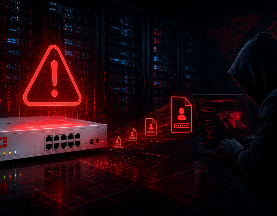 Hooded hacker typing on a laptop beside a server rack with glowing red warning icons and a large red triangle warning sign, depicting a cyberattack scenario.