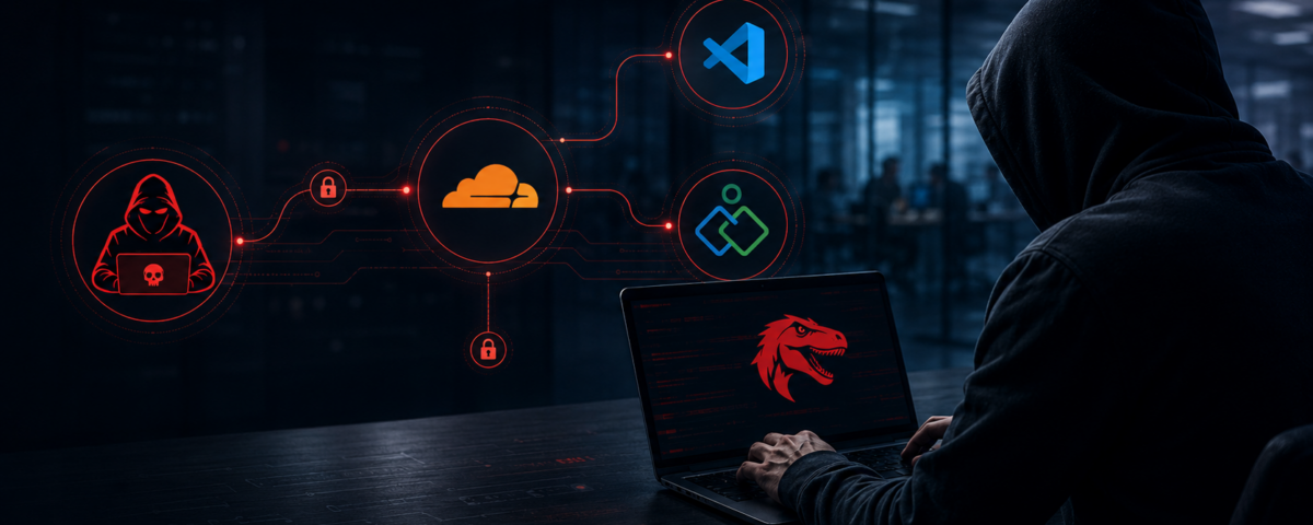 Hooded figure typing on a laptop with neon red/blue cybersecurity icons (cloud, lock, VS Code, code symbols) floating around on a dark background.