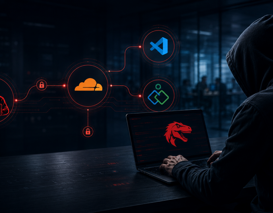 Hooded figure typing on a laptop with neon red/blue cybersecurity icons (cloud, lock, VS Code, code symbols) floating around on a dark background.