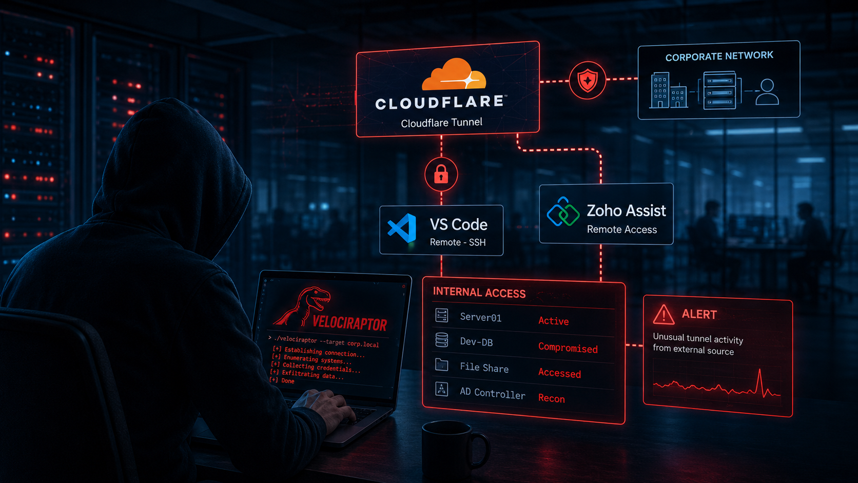 A dark professional cybersecurity image showing legitimate tools like Cloudflare, VS Code, and Zoho remote access tooling being weaponized by a hooded attacker inside a corporate network, red and dark blue colour scheme