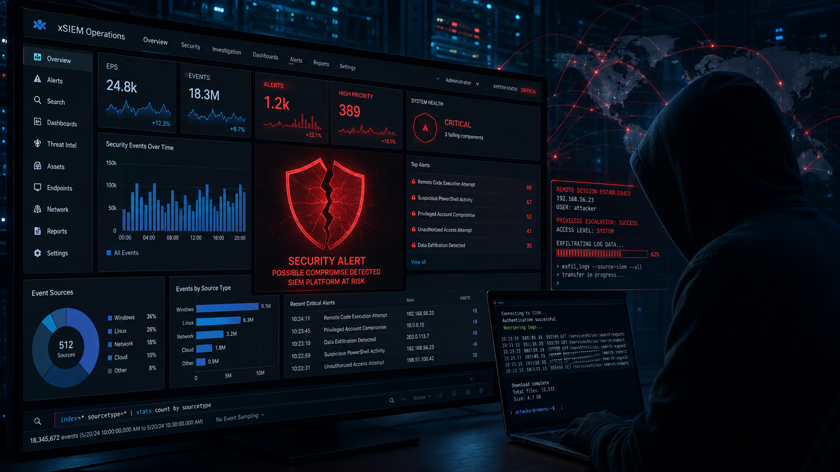 A dark cybersecurity image showing a Splunk dashboard being manipulated by an attacker, with alerts being disabled and log data being deleted, red warning indicators throughout, dark blue background