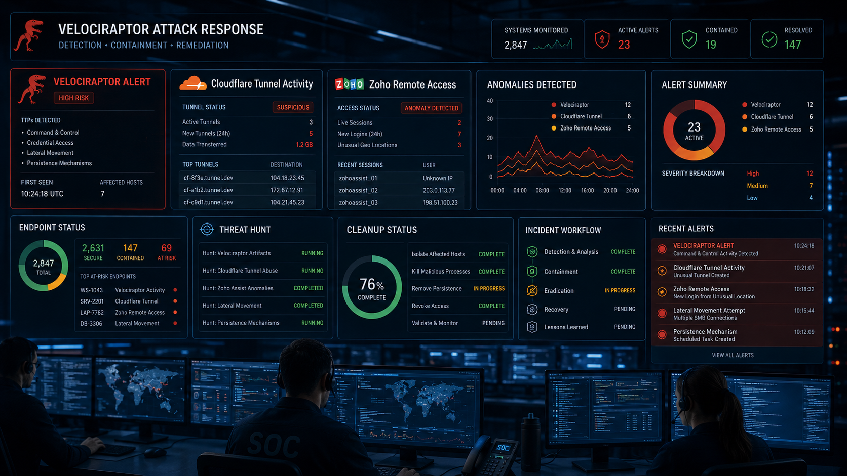 A dark cybersecurity image showing a security operations centre dashboard with alerts for Velociraptor, Cloudflare, and Zoho remote access anomalies, green and red indicator lights, dark blue background