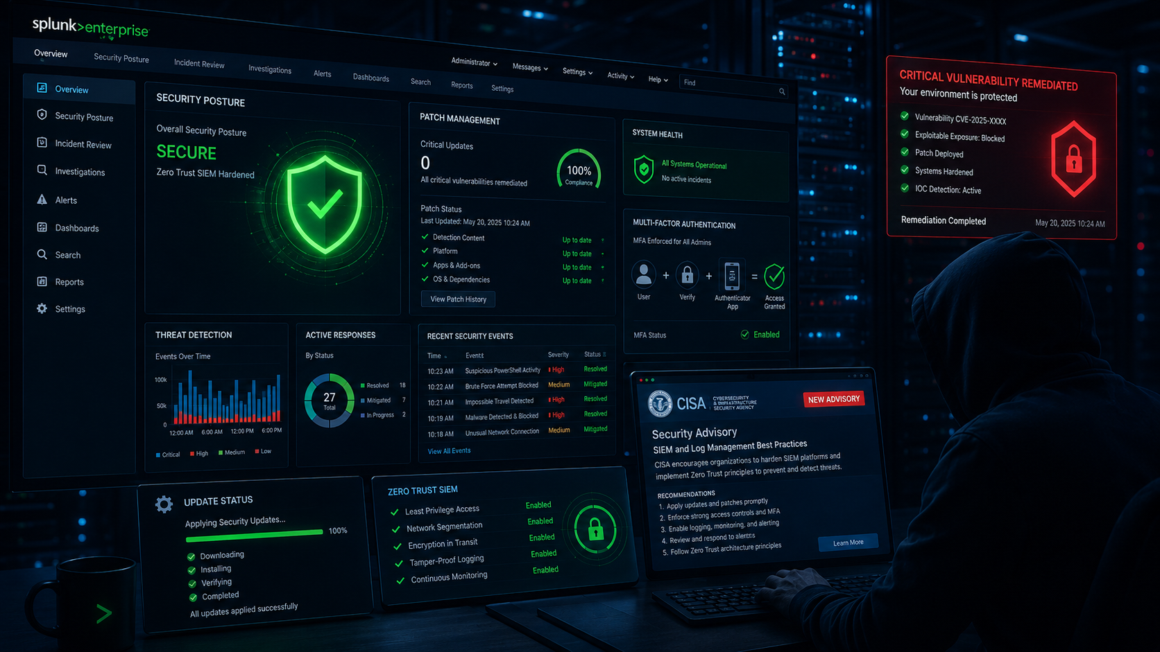 A dark cybersecurity image showing a Splunk server with a green security shield overlay, patch update notification, MFA symbols, and a CISA advisory on screen, dark blue background