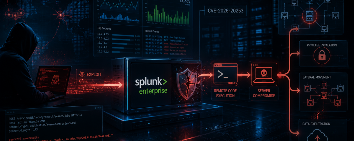 Hacker in a hoodie using a laptop with a red attack flow from Splunk Enterprise to compromised servers and data exfiltration nearby.