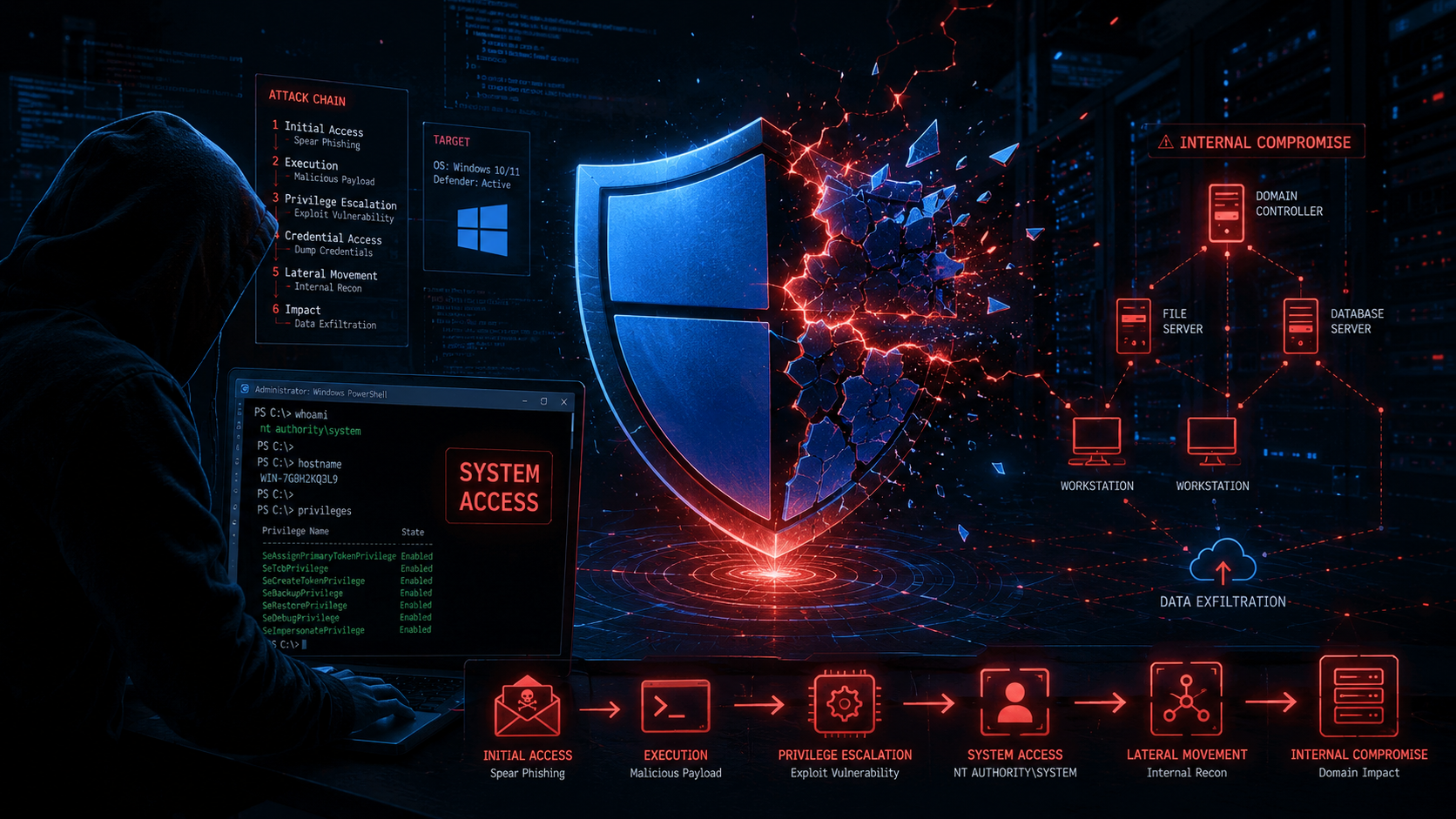 A dark professional cybersecurity image showing a Microsoft Windows shield being cracked open by a hooded attacker with SYSTEM level access shown on a terminal screen, red and dark blue colour scheme