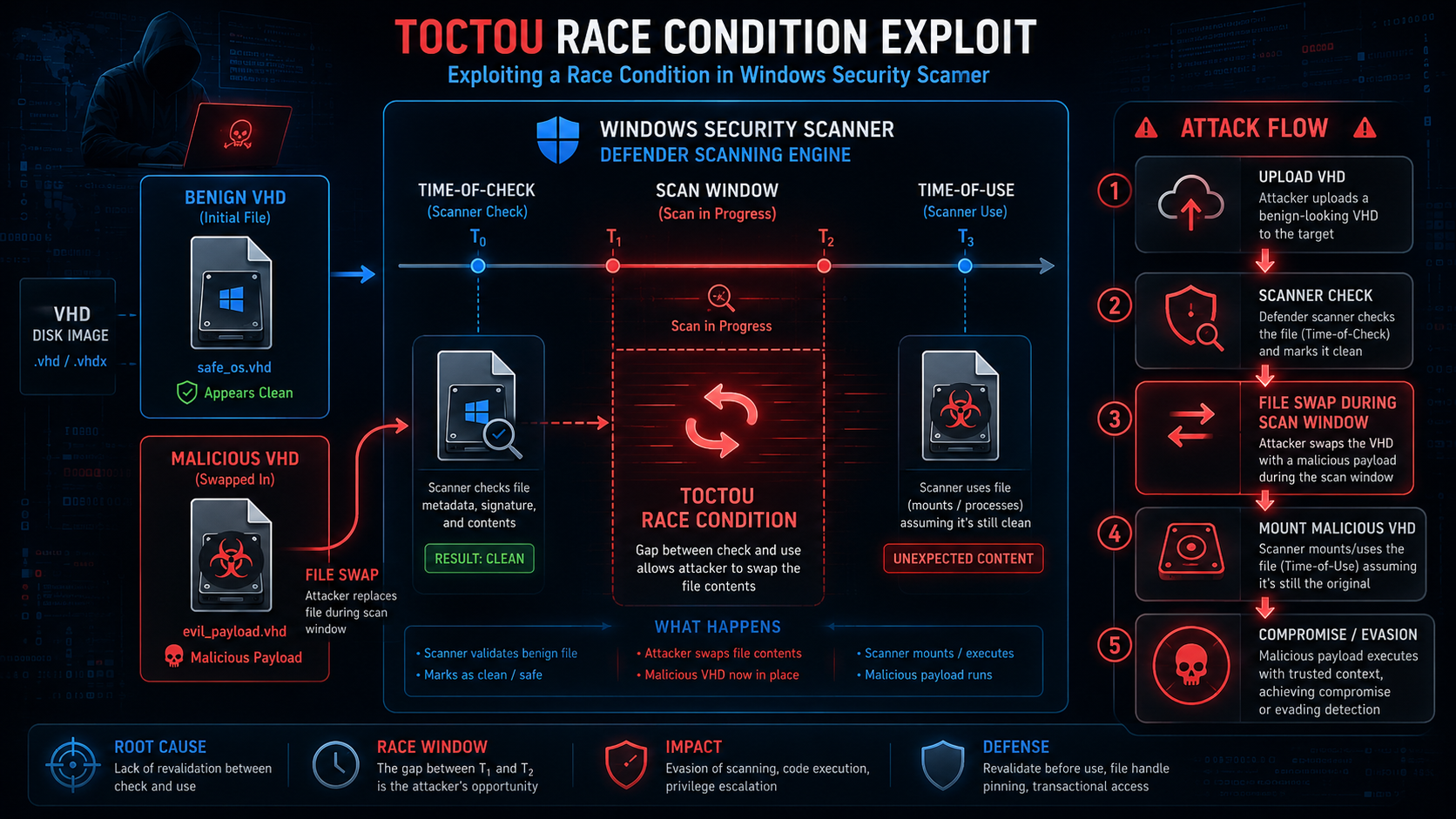 Infographic showing TOCTOU race condition exploit: benign and malicious VHD paths converge at the scanner window with a five-step attack flow on the right.