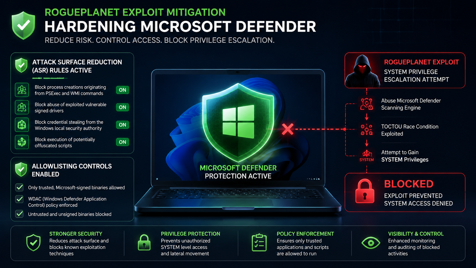 RoguePlanet exploit mitigation Microsoft Defender attack surface reduction and allowlisting controls