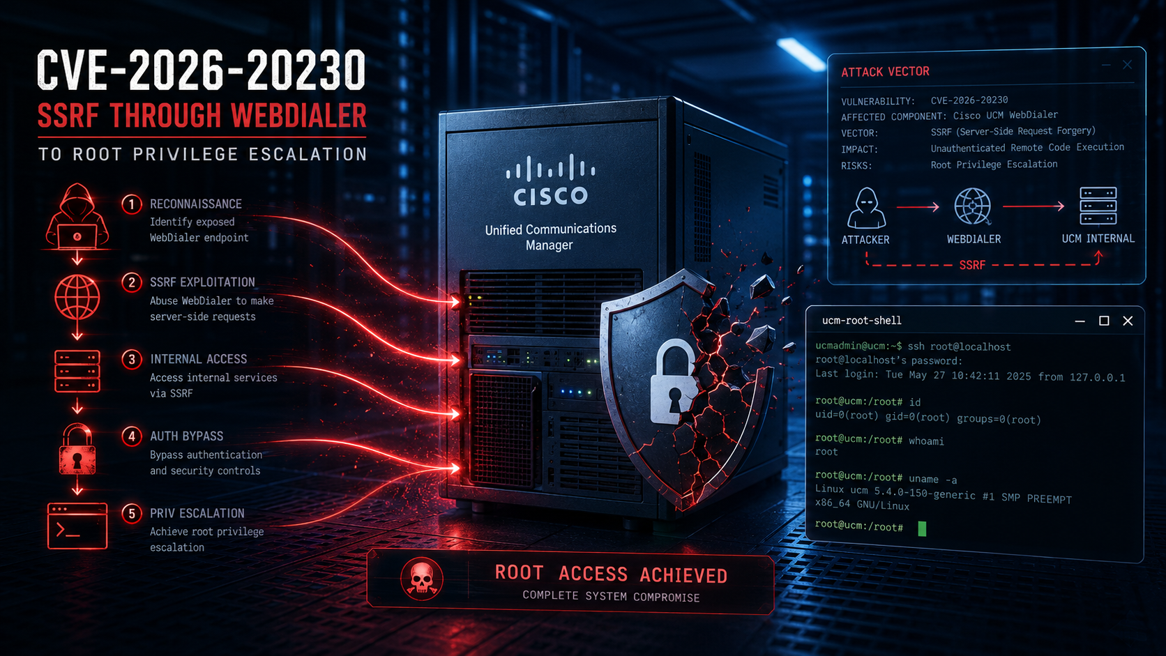 Cisco Unified CM flaw CVE-2026-20230 SSRF WebDialer root privilege escalation attack chain