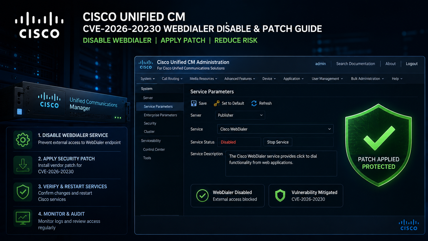 Cisco Unified CM flaw CVE-2026-20230 WebDialer disable patch fix steps