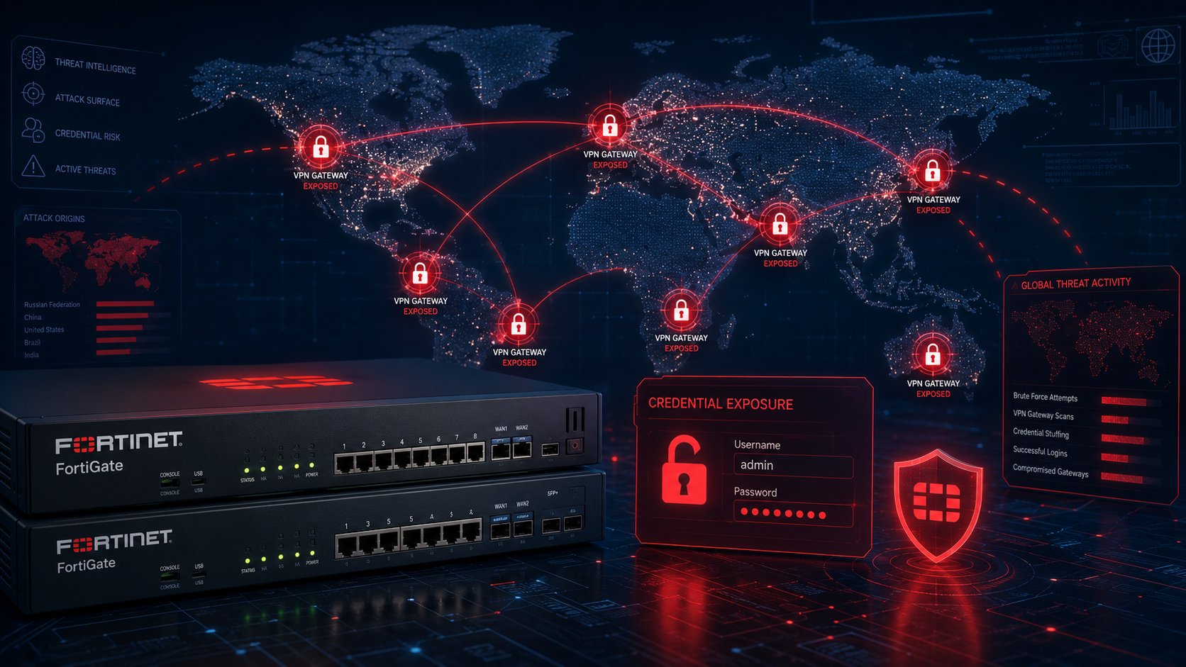 A dark professional cybersecurity image showing Fortinet FortiGate firewalls under global credential attack, red warning lines connecting exposed VPN gateways across a world map, dark blue and red colour scheme, enterprise network security style