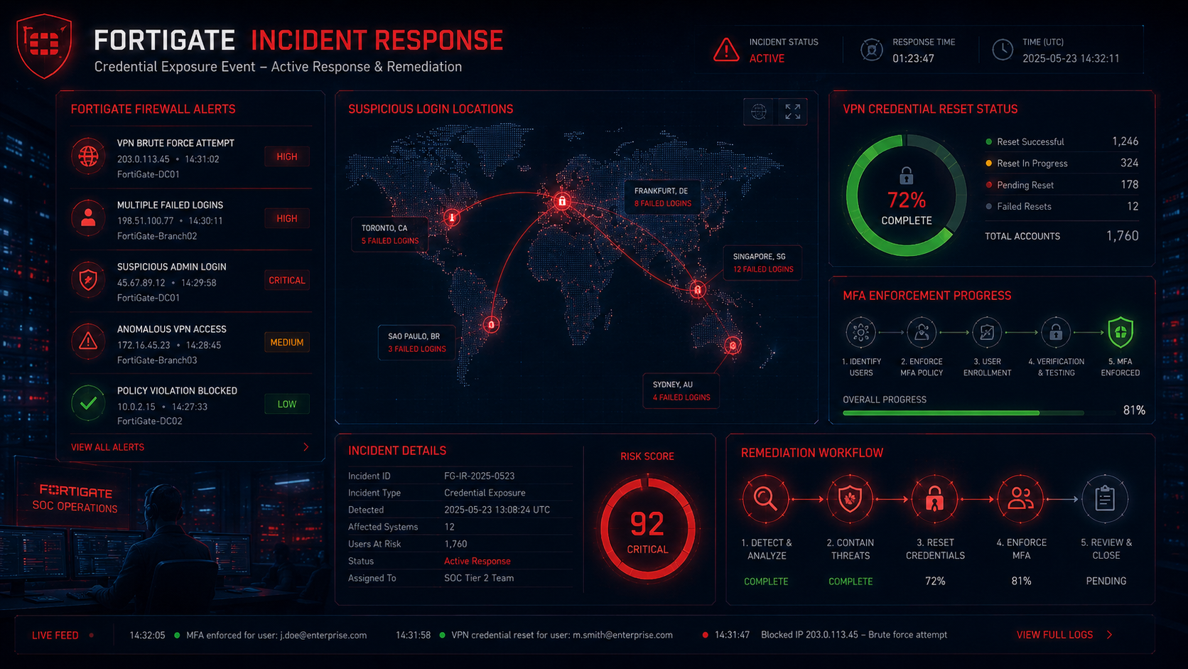 A dark cybersecurity operations centre dashboard showing FortiGate firewall alerts, VPN credential reset status, MFA enforcement progress, suspicious login locations, and cleanup workflow, green and red indicator lights, dark blue background
