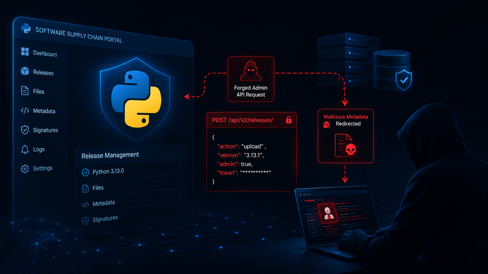 Cyberattack on a software supply chain portal: forged API request and red threat panels redirecting to malicious metadata, with a hooded hacker nearby.
