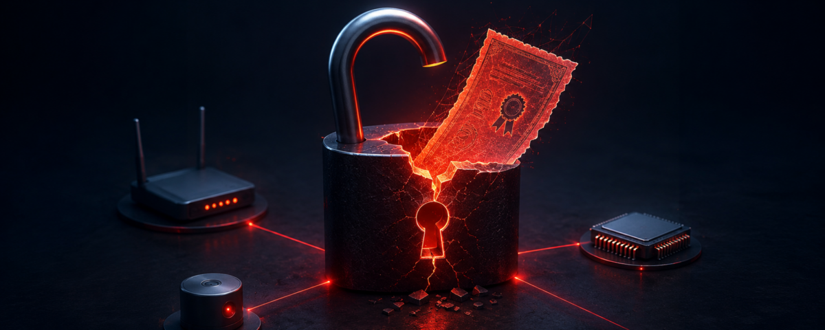 Cracked black padlock with a glowing red banknote inside, connected to a router and a microchip by red lines, symbolizing cybersecurity.