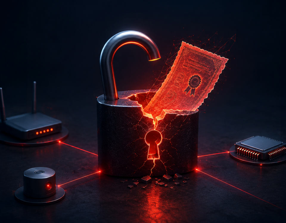 Cracked black padlock with a glowing red banknote inside, connected to a router and a microchip by red lines, symbolizing cybersecurity.