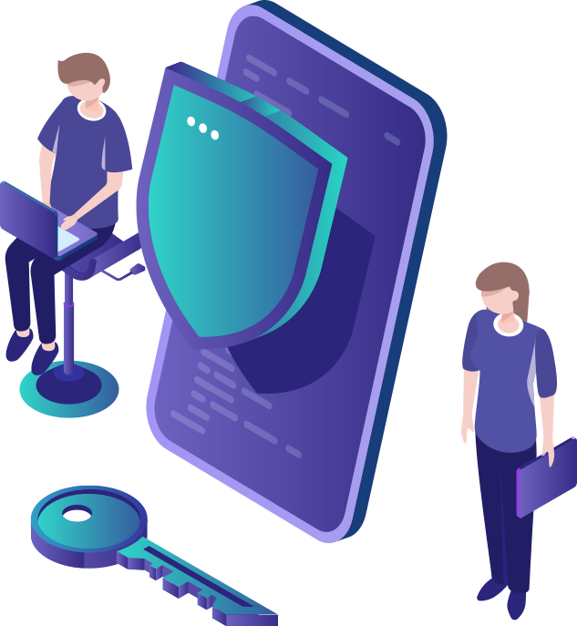 Cybersecurity concept: a shield over a large phone with people and a key nearby, symbolizing protection of data and devices