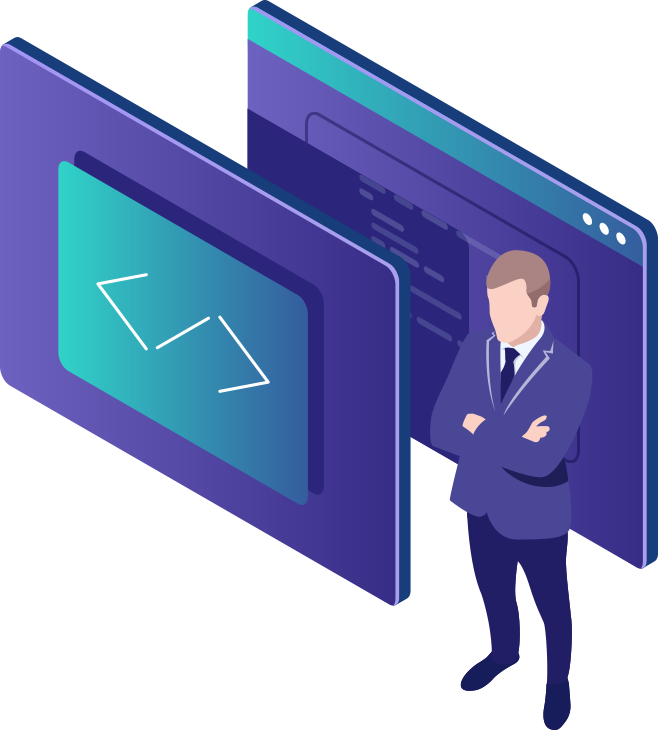 Isometric illustration of a developer standing with arms crossed beside two large screens showing code brackets.