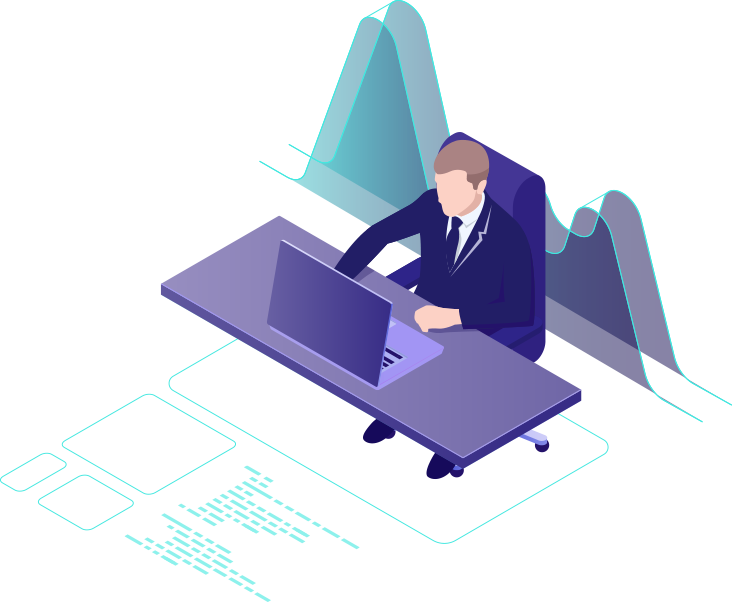 Isometric illustration of a businessman in a suit working on a laptop at a desk with holographic data charts.