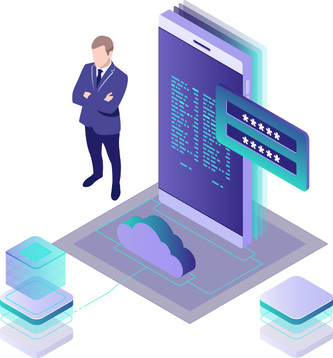 Businessperson beside a large code-filled screen with a password login panel, symbolizing cybersecurity and cloud protection.