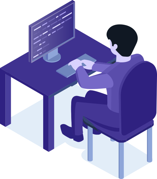 Person sits at a desk, typing on a keyboard while a monitor displays code.