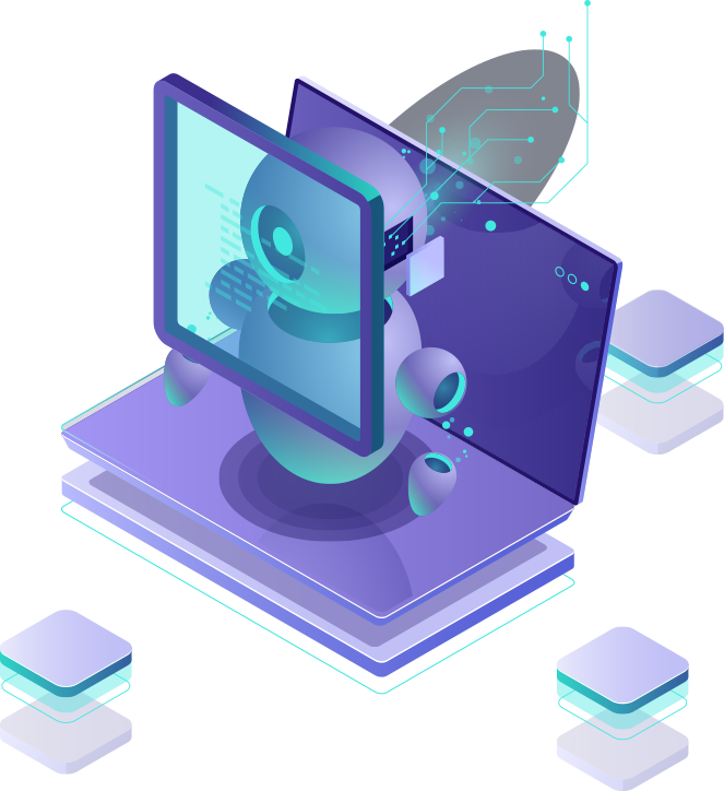 Isometric illustration of a humanoid robot head emerging from a laptop screen with circuit patterns in the background, conveying AI concept.