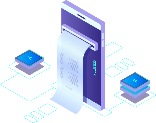 Isometric illustration of a tall purple receipt printer ejecting a long receipt, surrounded by glowing blue circuit blocks, suggesting digital printing or data processing.