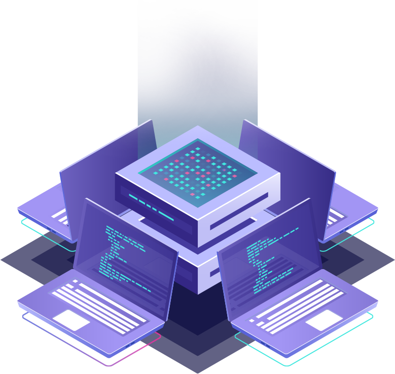 Isometric data center concept with a central server surrounded by four laptops displaying code on a dark platform.