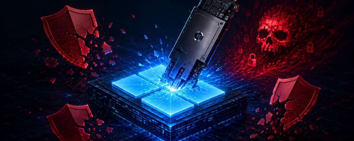 Data storage device penetrating a glowing blue chip, symbolizing strong data security and breach prevention.