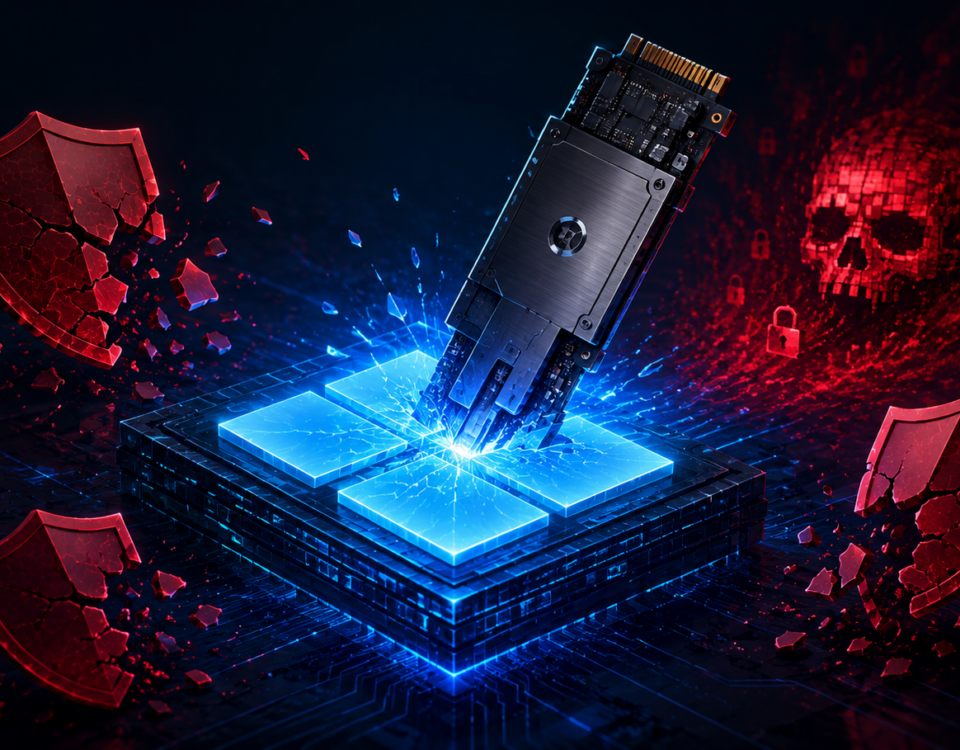 Data storage device penetrating a glowing blue chip, symbolizing strong data security and breach prevention.