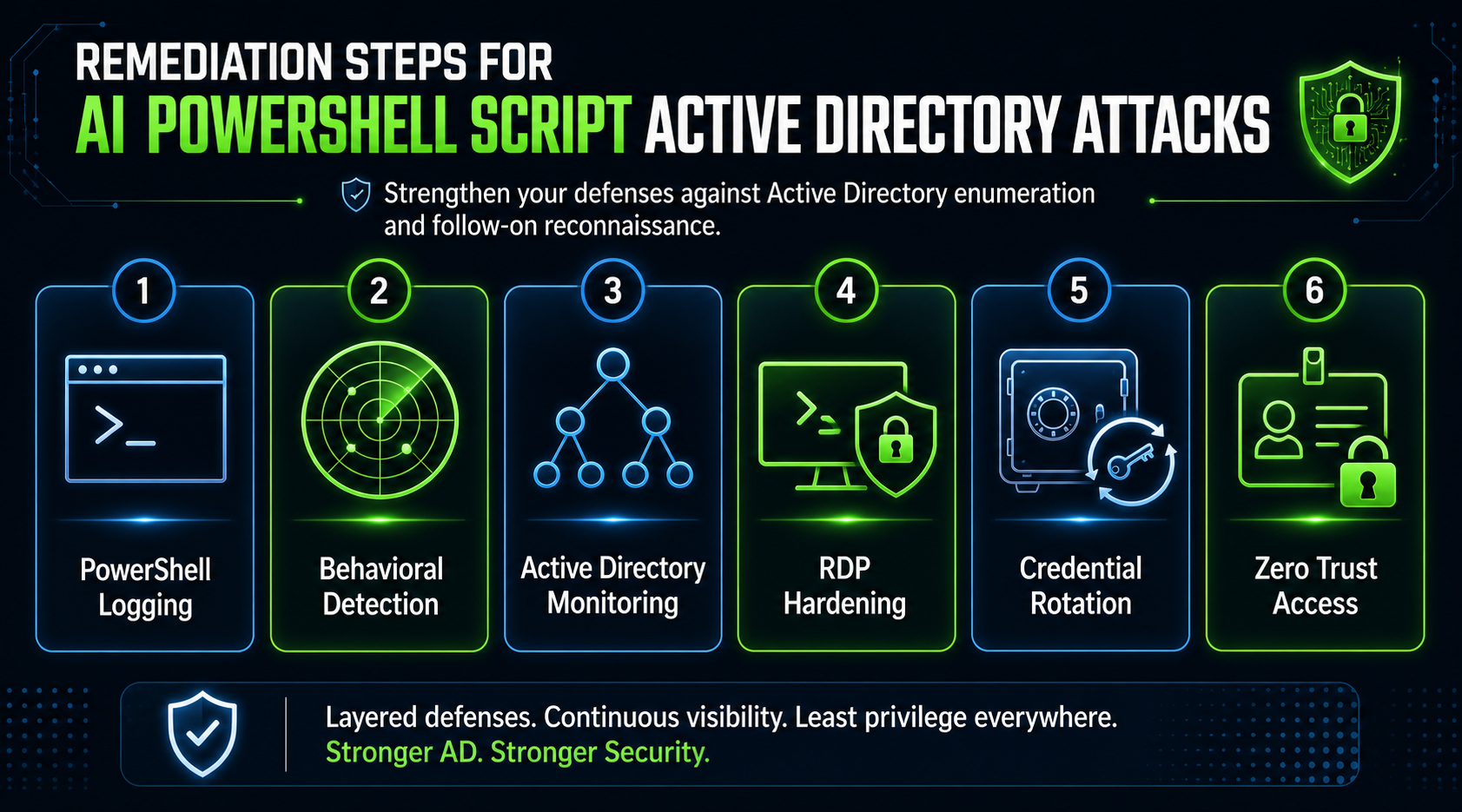 Infographic outlining six remediation steps against Active Directory attacks: PowerShell logging, behavioral detection, Active Directory monitoring, RDP hardening, credential rotation, and zero-trust access (color-coded sections).