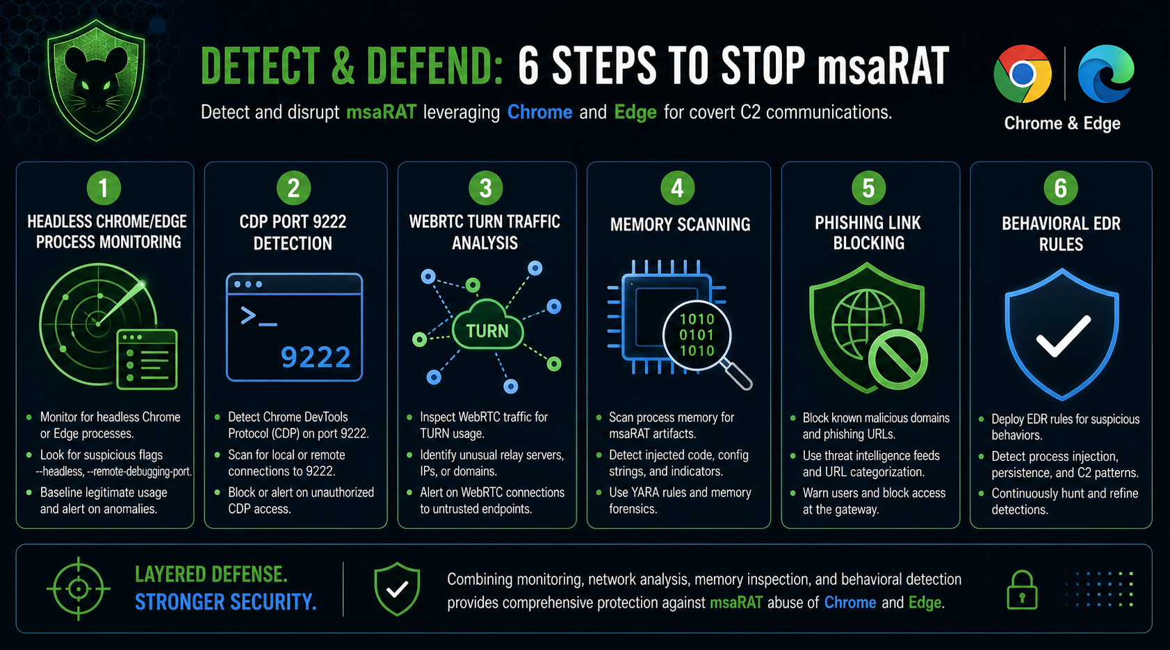 Detection and defense checklist for msaRAT malware Chrome Edge C2 covering headless browser process monitoring, CDP port detection, WebRTC TURN traffic analysis, memory scanning, phishing controls, and EDR behavioral rules