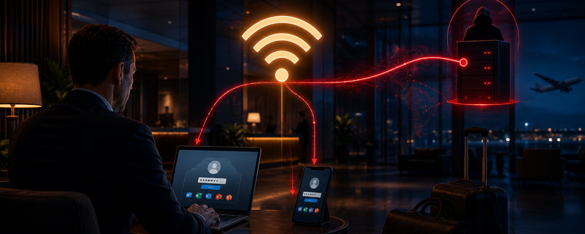 Hotel Wi-Fi DNS poisoning Microsoft 365 credential theft campaign targeting traveling corporate employees