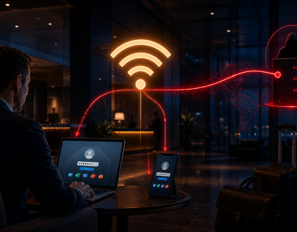Hotel Wi-Fi DNS poisoning Microsoft 365 credential theft campaign targeting traveling corporate employees