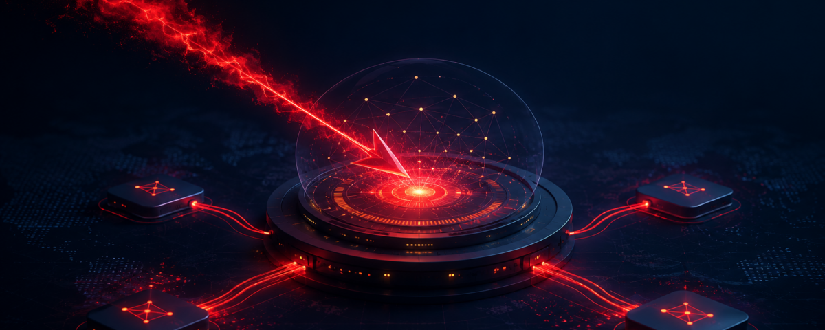 Futuristic data hub with a glowing red core on a circular platform, connected by red cables to five square modules around it.
