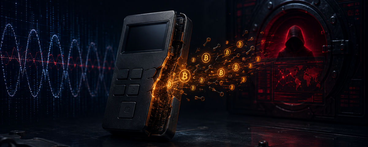 Shattered crypto hardware wallet releases glowing Bitcoin coins toward a hooded hacker inside a vault, illustrating crypto theft risk portions of security imagery.