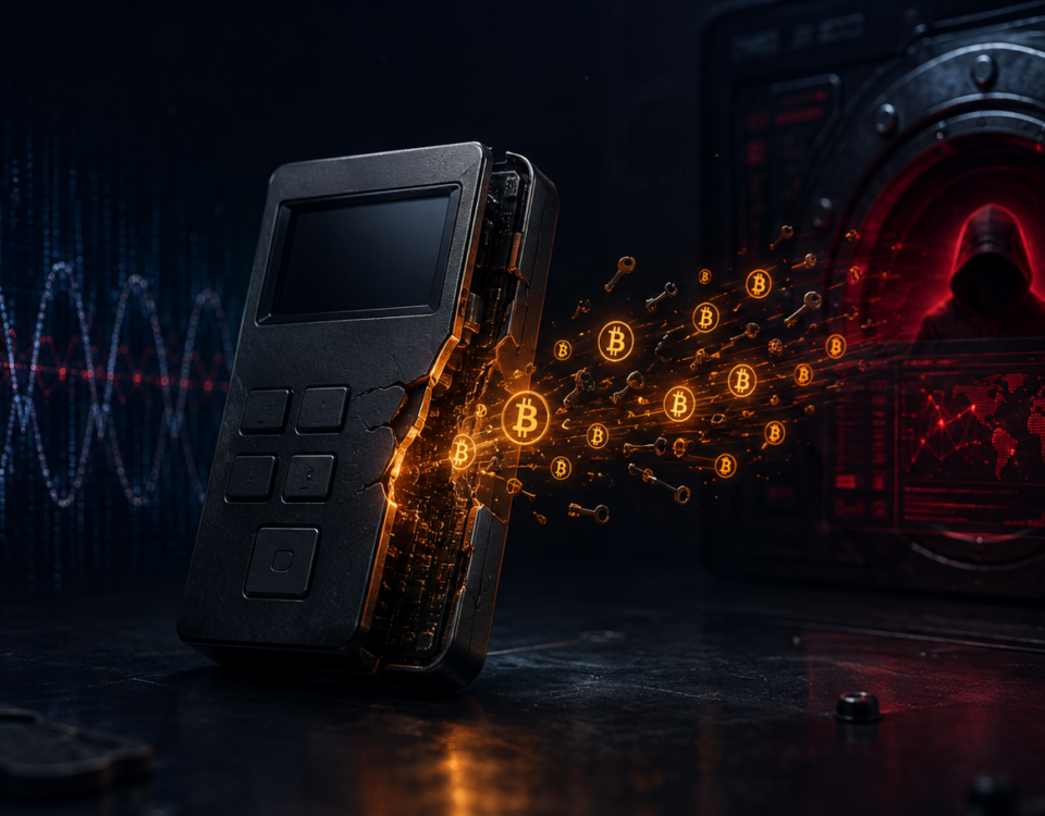 Shattered crypto hardware wallet releases glowing Bitcoin coins toward a hooded hacker inside a vault, illustrating crypto theft risk portions of security imagery.