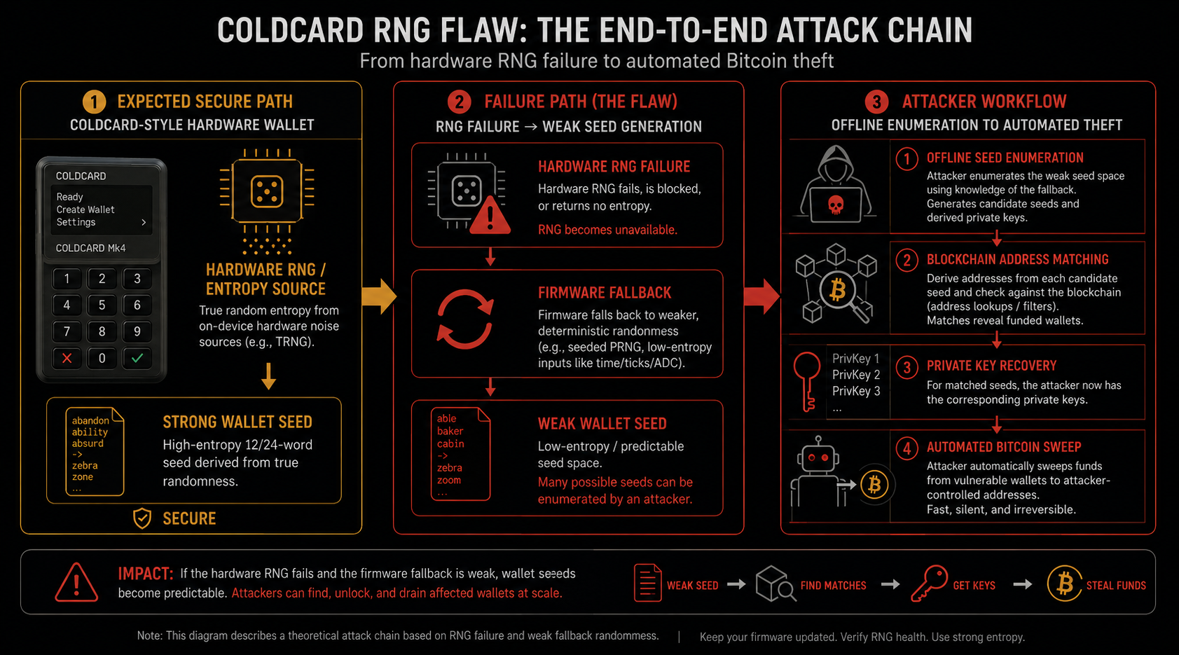 Technical diagram of COLDCARD RNG flaw showing hardware RNG failure path, deterministic fallback risk, weak wallet seed generation, offline seed enumeration, and Bitcoin wallet theft risk